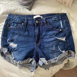 Kancan cutoff jean shorts, destroyed denim.
